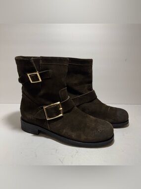 JIMMY CHOO YOUTH Brown Suede
Buckled Biker Combat Boots Size 381/2
